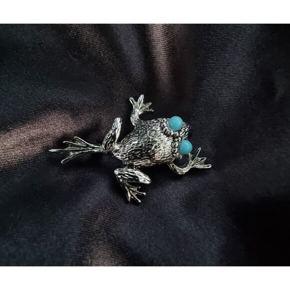 Vintage EMMONS Signed Silver Frog Faux Turquoise Eyes Brooch Pin - Picture 4 of 5